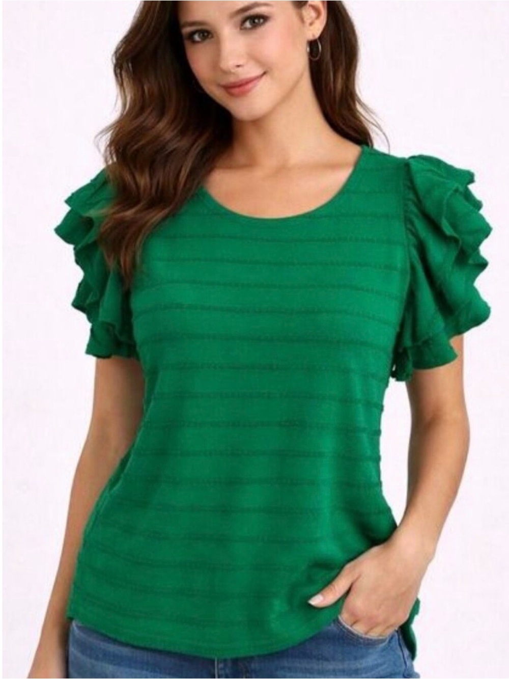 Anthropologie Green Ruffle Sleeve Women's Knit Top